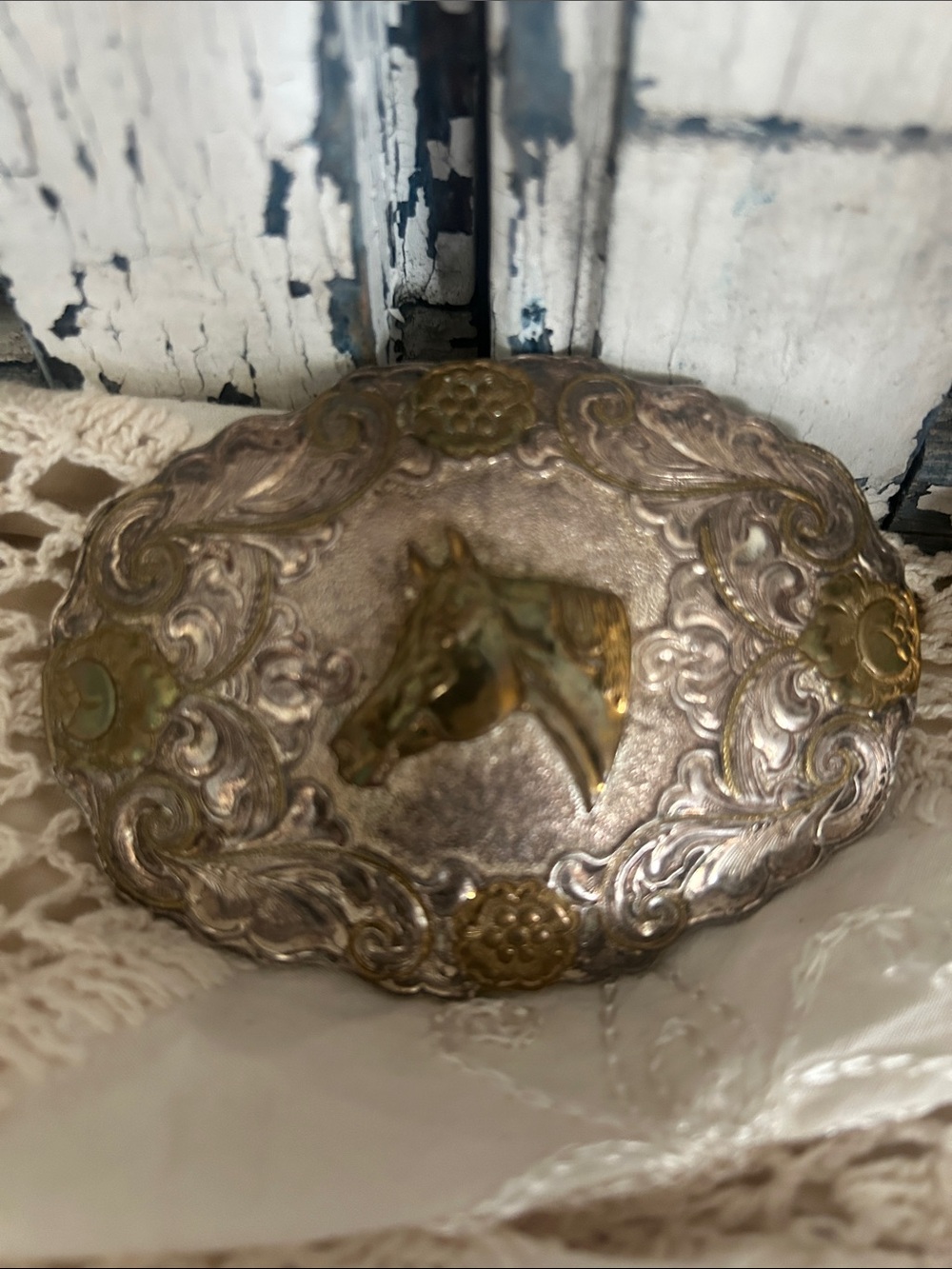 Vintage Large Horse Crumrine Embossed Jewelers Bronze Belt Buckle